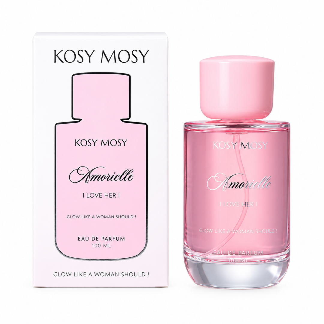 Amorielle perfume in a pink glass bottle with pink cap beside a white and pink Kosy Mosy box