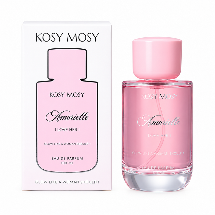 Amorielle perfume in a pink glass bottle with pink cap beside a white and pink Kosy Mosy box