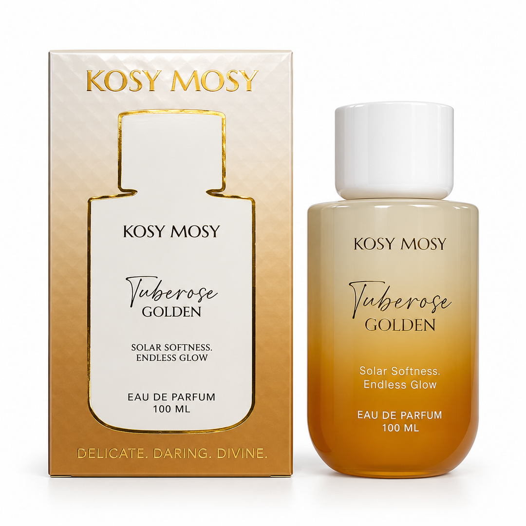 Tuberose Golden perfume in an amber coloured bottle with white cap beside a cream and gold box