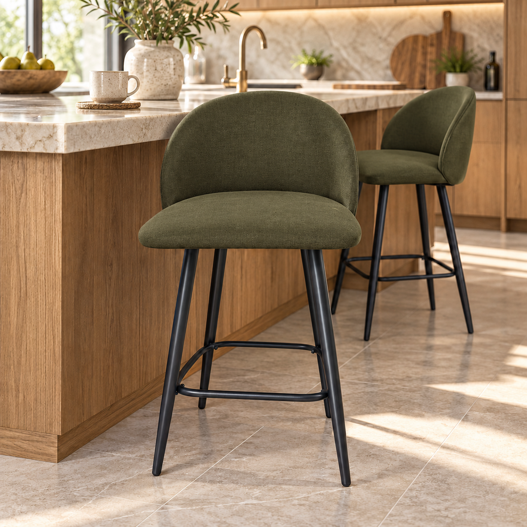 Leo Crescent Bar Stool – Heroy 77 - Olive Green – kitchen lifestyle