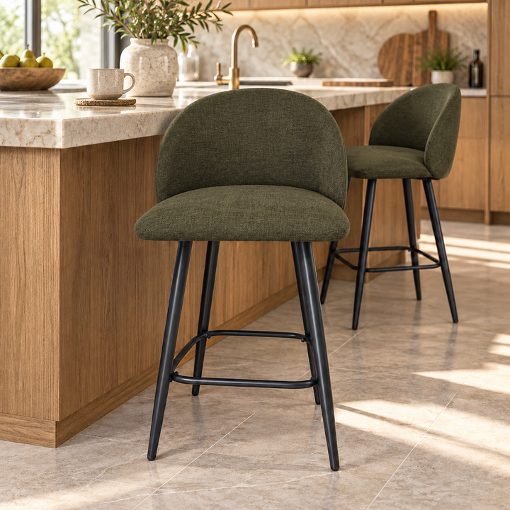 Leo Crescent Bar Stool – Reverb 77 - Dark Olive – kitchen lifestyle
