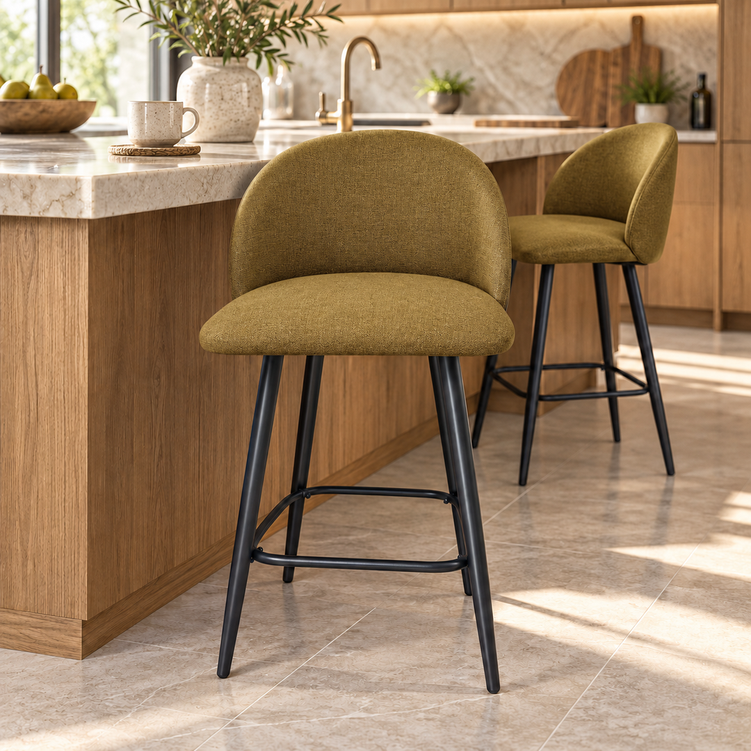 Leo Crescent Bar Stool – Monelli 65 - Mustard Olive – kitchen lifestyle