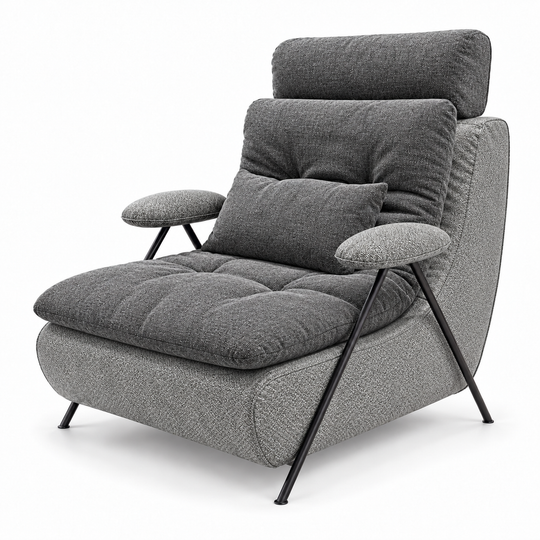 Lucas 1: headrest, backrest, seat and lumbar cushion Monelli 10 Charcoal Grey; body and arm pads Mora 14 Grey. Upholstery visualisation.