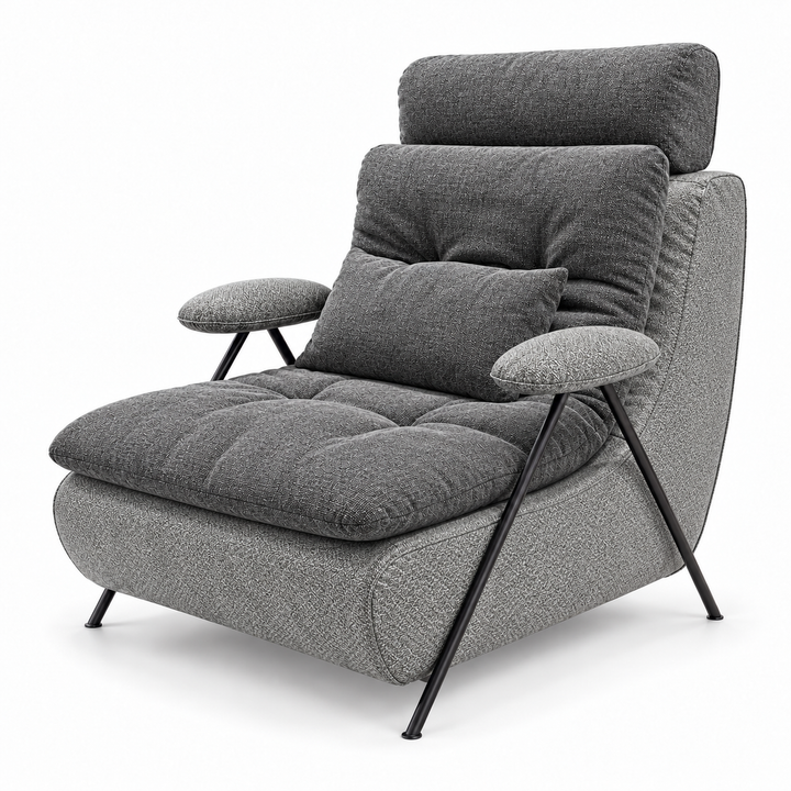 Lucas 1: headrest, backrest, seat and lumbar cushion Monelli 10 Charcoal Grey; body and arm pads Mora 14 Grey. Upholstery visualisation.
