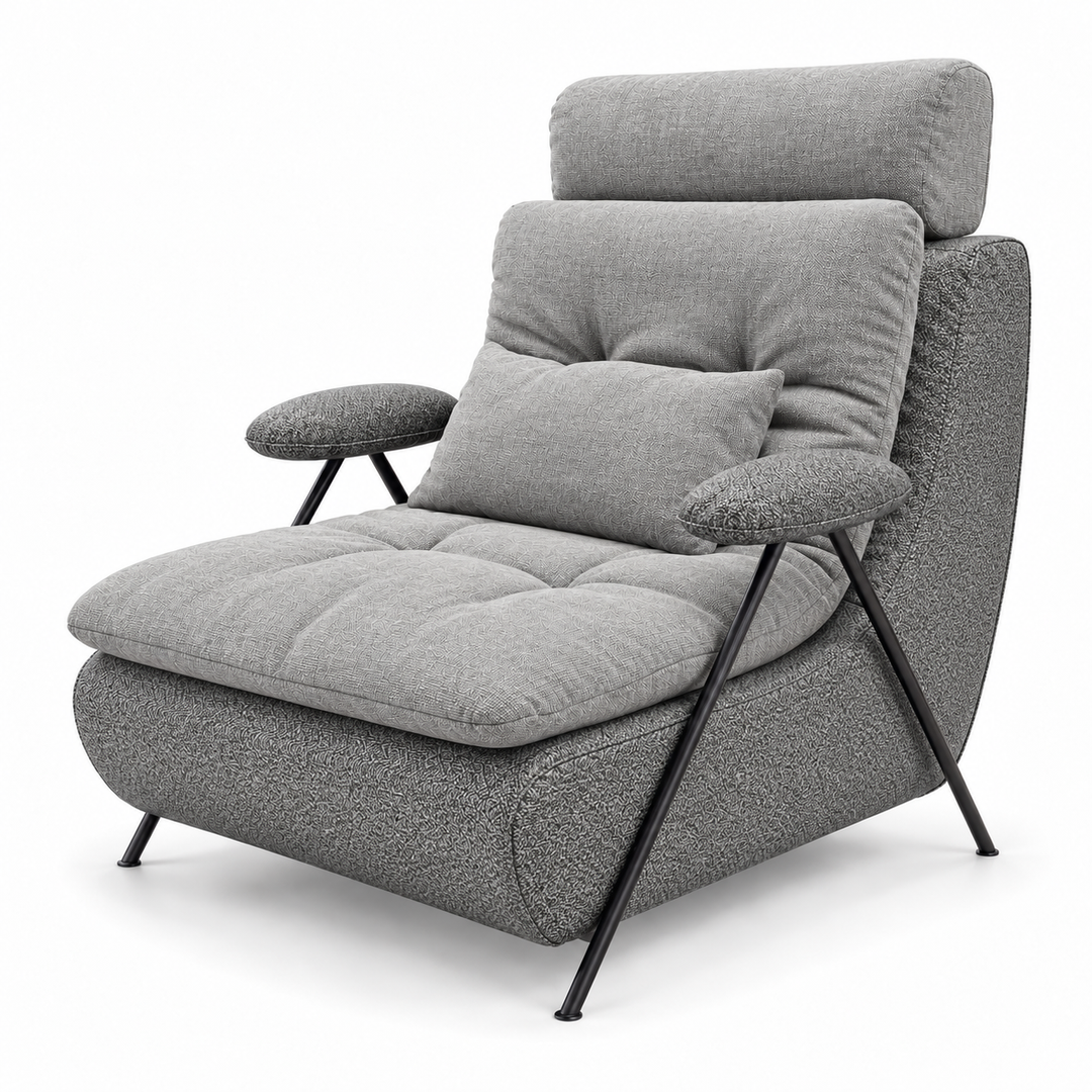Lucas 2: headrest, backrest, seat and lumbar cushion Monelli 06 Light Grey; body and arm pads Mora 14 Grey. Upholstery visualisation.