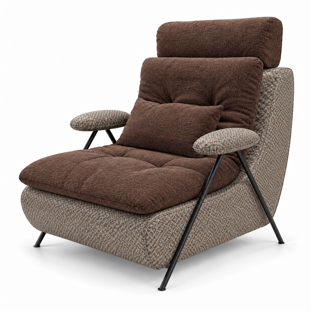 Lucas 3: headrest, backrest, seat and lumbar cushion Monelli 47 Chocolate Brown; body and arm pads Mora 38 Warm Brown. Upholstery visualisation.