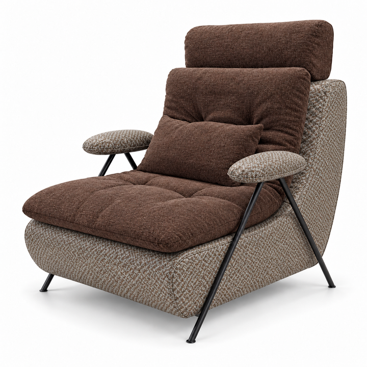 Lucas 3: headrest, backrest, seat and lumbar cushion Monelli 47 Chocolate Brown; body and arm pads Mora 38 Warm Brown. Upholstery visualisation.