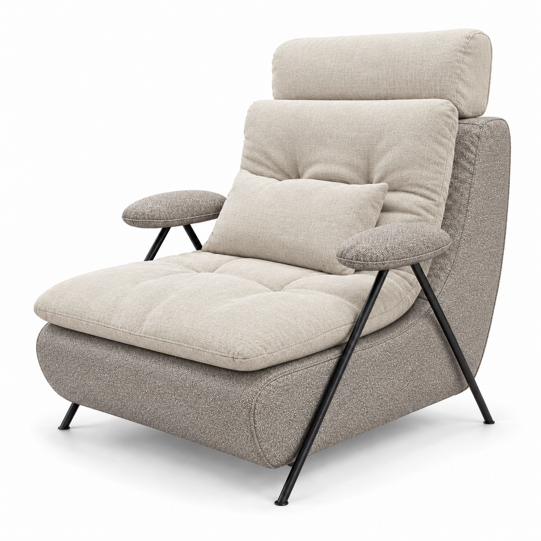 Lucas 4: headrest, backrest, seat and lumbar cushion Monelli 23 Warm Ivory; body and arm pads Mora 24 Light Greige. Upholstery visualisation.