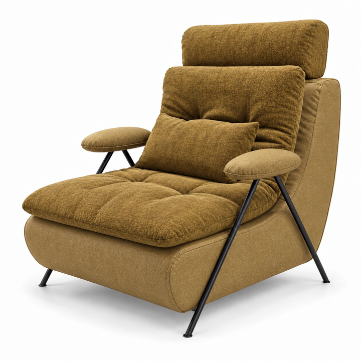 Lucas 5: headrest, backrest, seat and lumbar cushion Monelli 65 Mustard Olive; body and arm pads Lins 68 Mustard Gold. Upholstery visualisation.