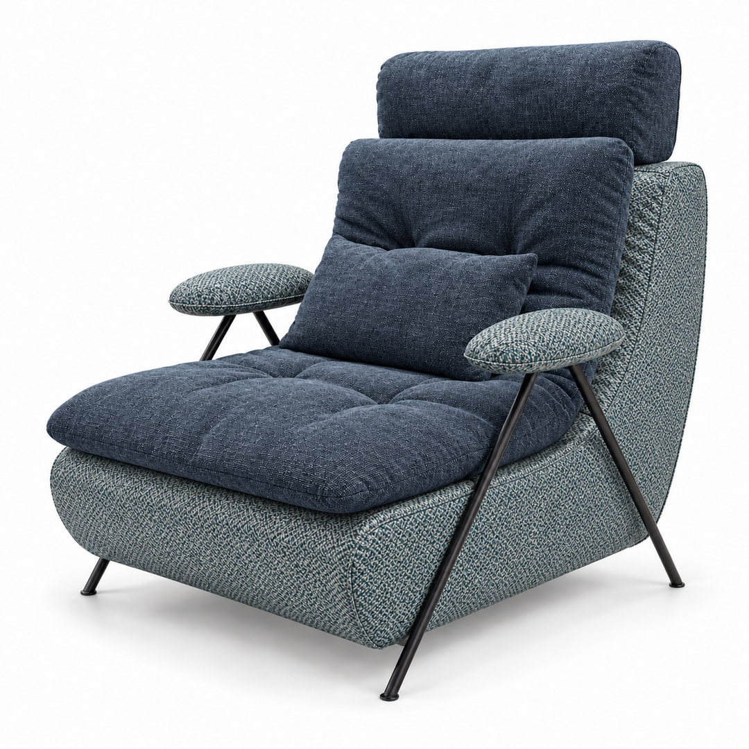 Lucas 6: headrest, backrest, seat and lumbar cushion Monelli 87 Deep Navy; body and arm pads Mora 89 Teal Blue. Upholstery visualisation.