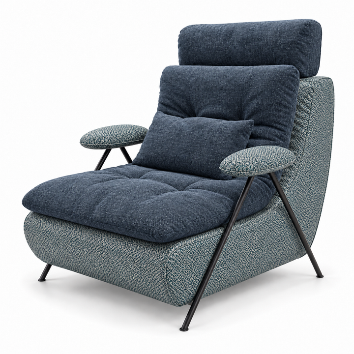 Lucas 6: headrest, backrest, seat and lumbar cushion Monelli 87 Deep Navy; body and arm pads Mora 89 Teal Blue. Upholstery visualisation.