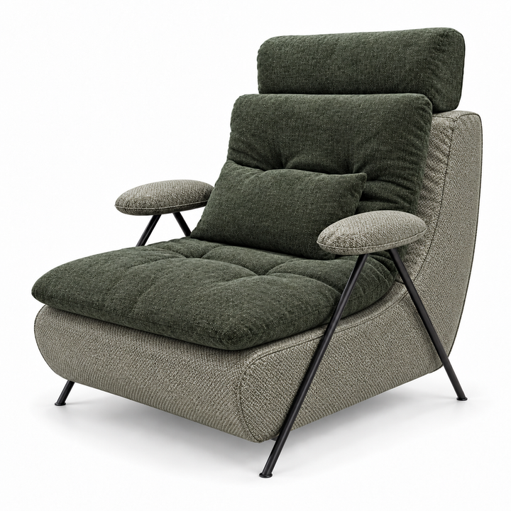 Lucas 7: headrest, backrest, seat and lumbar cushion Monelli 79 Forest Green; body and arm pads Mora 77 Olive Green. Upholstery visualisation.