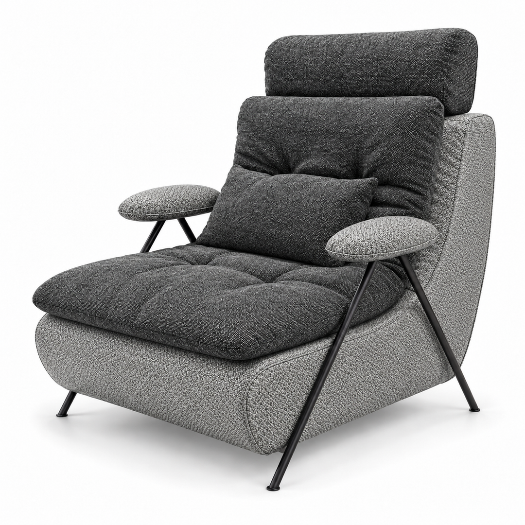 Lucas 8: headrest, backrest, seat and lumbar cushion Puro 16; body and arm pads Mora 14 Grey. Upholstery visualisation.