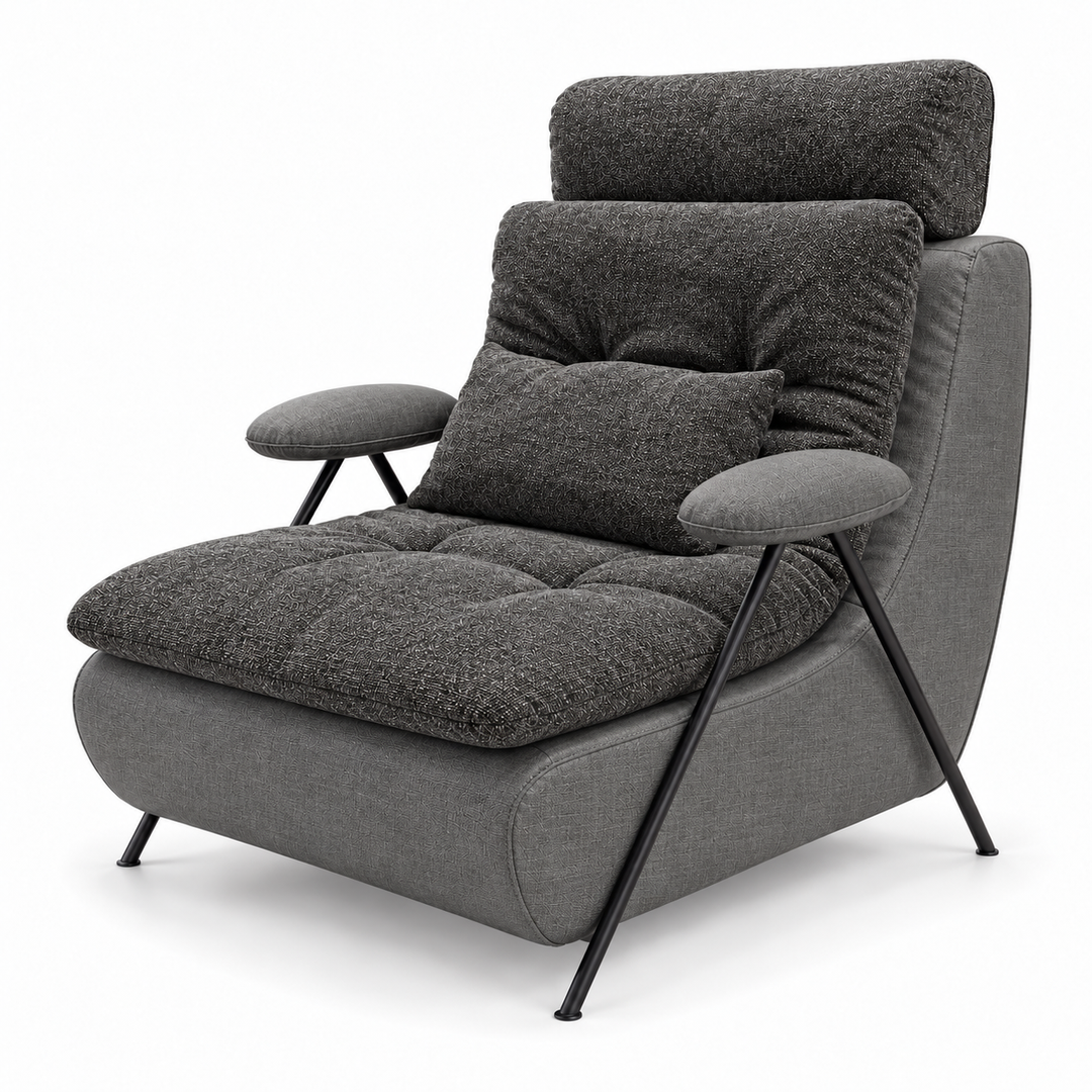 Lucas 9: headrest, backrest, seat and lumbar cushion Puro 43; body and arm pads Lins 12 Grey. Upholstery visualisation.