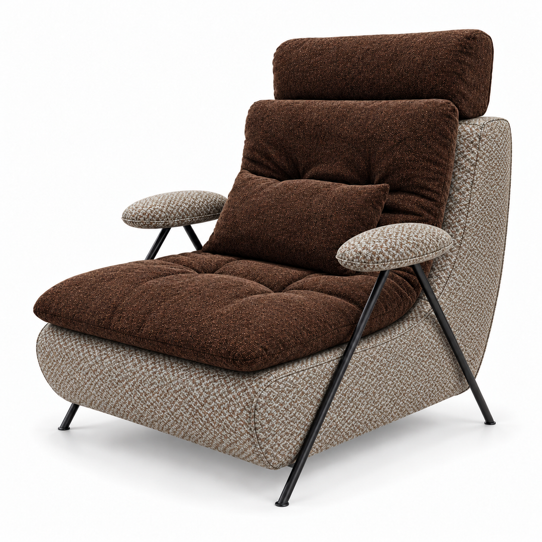Lucas 10: headrest, backrest, seat and lumbar cushion Puro 44; body and arm pads Mora 38 Warm Brown. Upholstery visualisation.