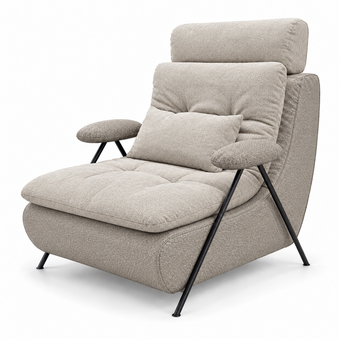 Lucas 11: headrest, backrest, seat and lumbar cushion Puro 21; body and arm pads Mora 24 Light Greige. Upholstery visualisation.