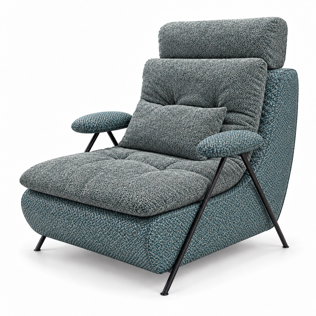 Lucas 13: headrest, backrest, seat and lumbar cushion Puro 83; body and arm pads Mora 89 Teal Blue. Upholstery visualisation.