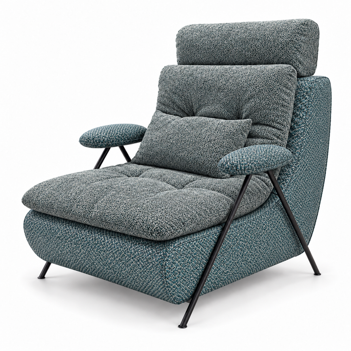 Lucas 13: headrest, backrest, seat and lumbar cushion Puro 83; body and arm pads Mora 89 Teal Blue. Upholstery visualisation.