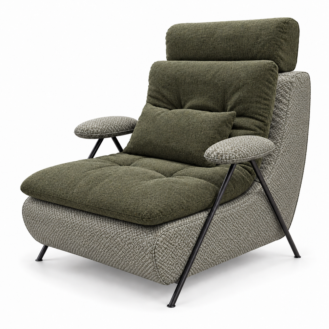 Lucas 14: headrest, backrest, seat and lumbar cushion Heroy 77 Olive Green; body and arm pads Mora 77 Olive Green. Upholstery visualisation.