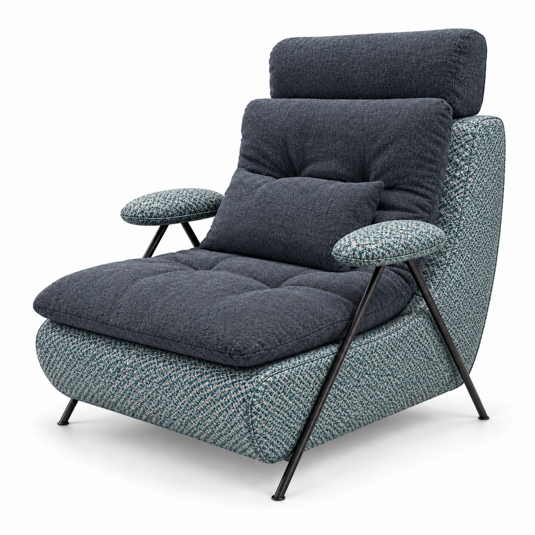 Lucas 15: headrest, backrest, seat and lumbar cushion Heroy 86 Smoky Navy; body and arm pads Mora 89 Teal Blue. Upholstery visualisation.