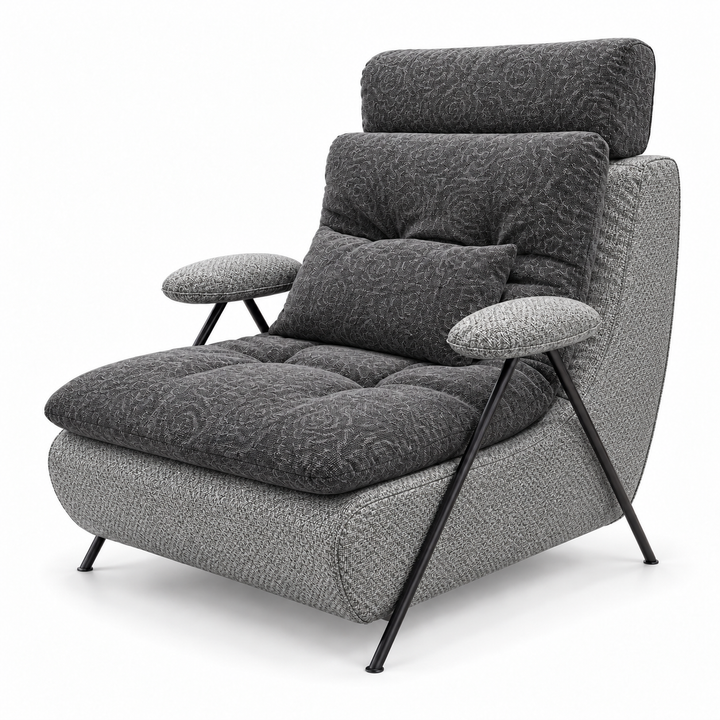 Lucas 17: headrest, backrest, seat and lumbar cushion Reverb 14 Charcoal Grey; body and arm pads Mora 14 Grey. Upholstery visualisation.