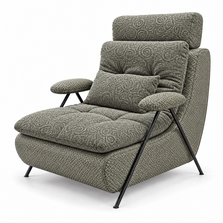 Lucas 19: headrest, backrest, seat and lumbar cushion Reverb 71 Sage Grey; body and arm pads Mora 77 Olive Green. Upholstery visualisation.