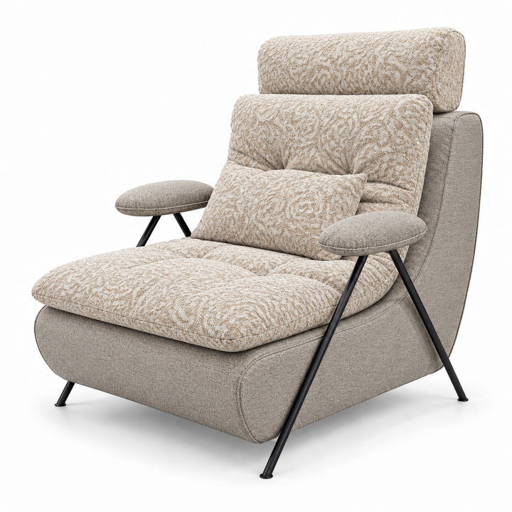 Lucas 21: headrest, backrest, seat and lumbar cushion Reverb 26 Cream Beige; body and arm pads Mora 24 Light Greige. Upholstery visualisation.