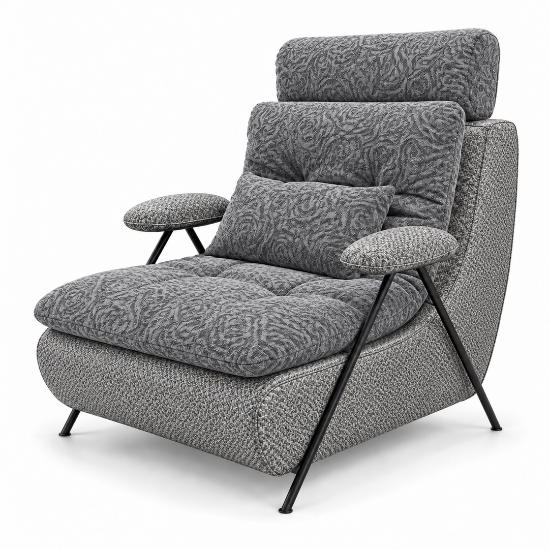 Lucas 22: headrest, backrest, seat and lumbar cushion Reverb 08 Cool Grey; body and arm pads Mora 14 Grey. Upholstery visualisation.