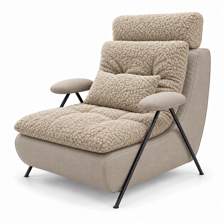 Lucas 23: headrest, backrest, seat and lumbar cushion Mello 28 Creamy Beige; body and arm pads Lins 25 Natural Beige. Upholstery visualisation.