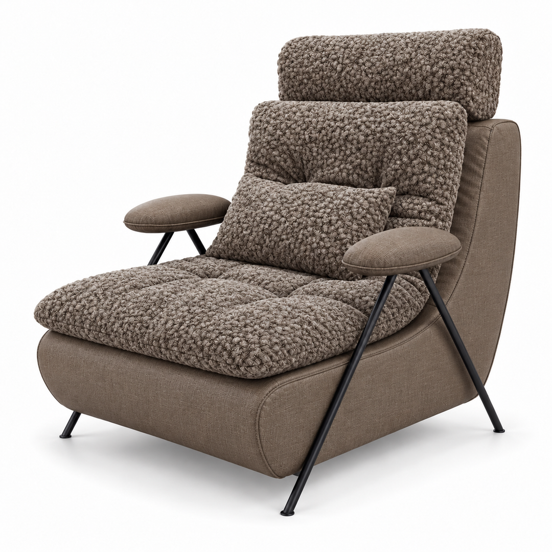 Lucas 24: headrest, backrest, seat and lumbar cushion Mello 34 Taupe Brown; body and arm pads Lins 38 Earth Brown. Upholstery visualisation.
