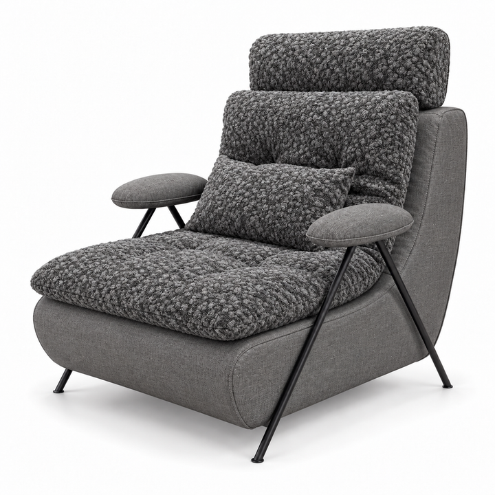 Lucas 25: headrest, backrest, seat and lumbar cushion Mello 10 Grey; body and arm pads Lins 12 Grey. Upholstery visualisation.
