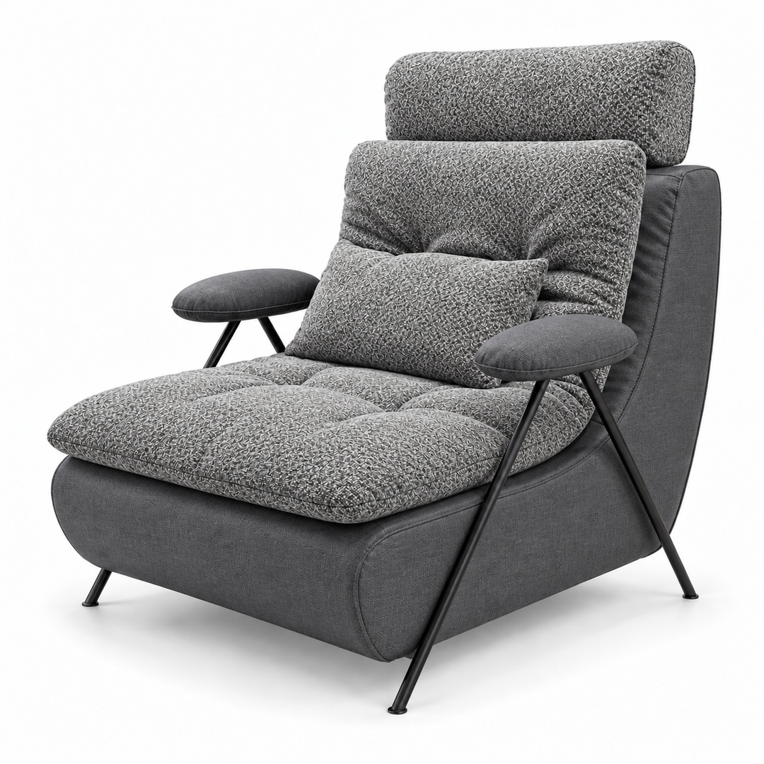 Lucas 26: headrest, backrest, seat and lumbar cushion Mora 14 Grey; body and arm pads Monelli 10 Charcoal Grey. Upholstery visualisation.