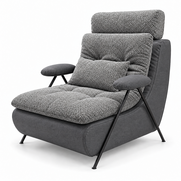 Lucas 26: headrest, backrest, seat and lumbar cushion Mora 14 Grey; body and arm pads Monelli 10 Charcoal Grey. Upholstery visualisation.