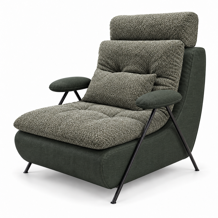 Lucas 27: headrest, backrest, seat and lumbar cushion Mora 77 Olive Green; body and arm pads Monelli 79 Forest Green. Upholstery visualisation.