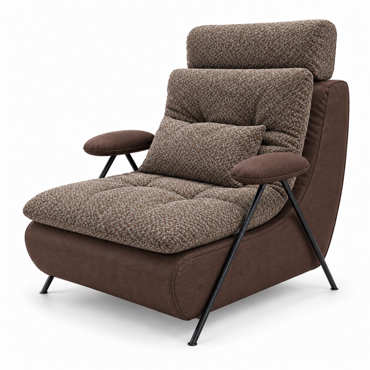 Lucas 28: headrest, backrest, seat and lumbar cushion Mora 38 Warm Brown; body and arm pads Monelli 47 Chocolate Brown. Upholstery visualisation.