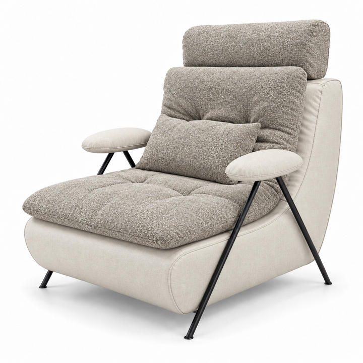 Lucas 29: headrest, backrest, seat and lumbar cushion Mora 24 Light Greige; body and arm pads Monelli 23 Warm Ivory. Upholstery visualisation.