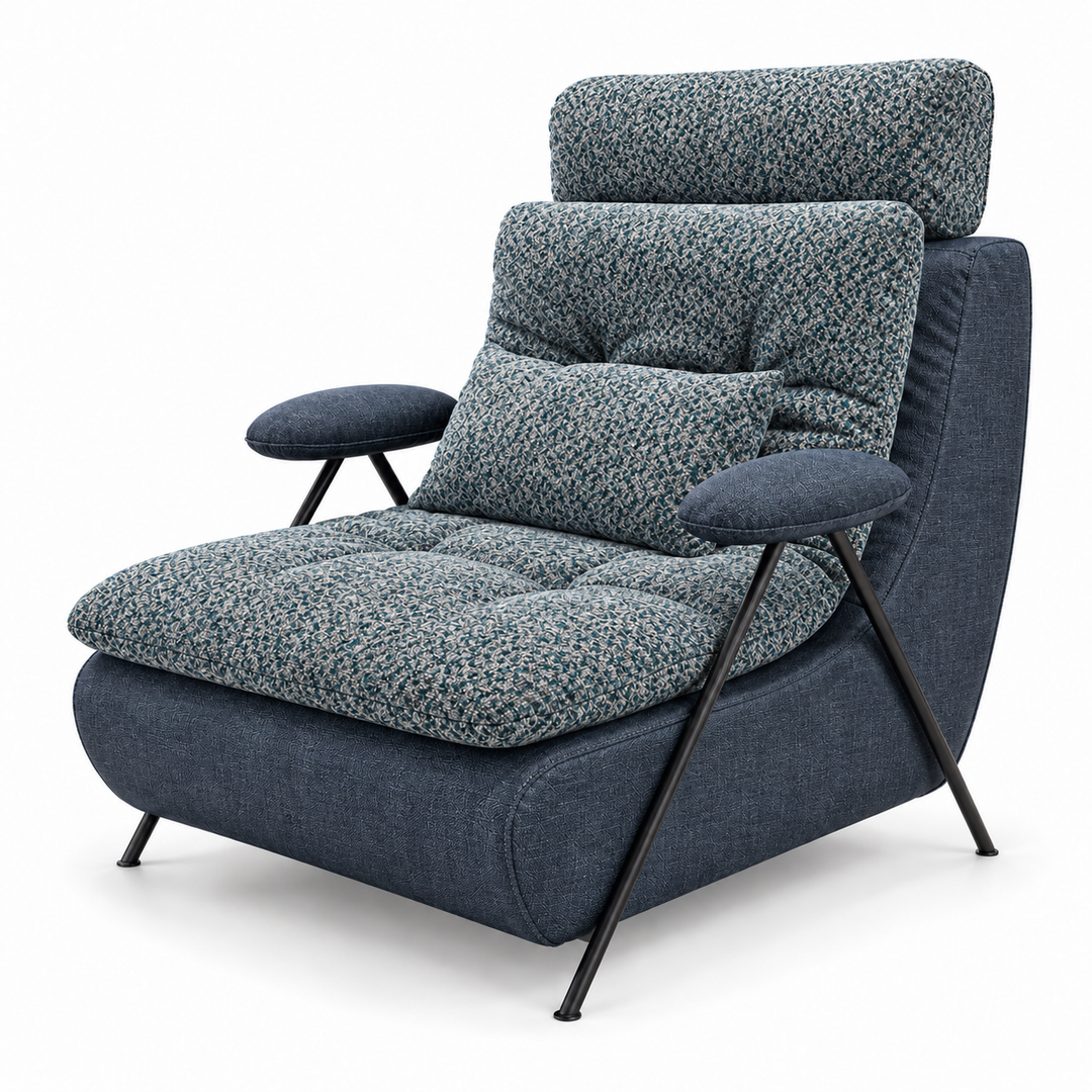 Lucas 30: headrest, backrest, seat and lumbar cushion Mora 89 Teal Blue; body and arm pads Monelli 87 Deep Navy. Upholstery visualisation.