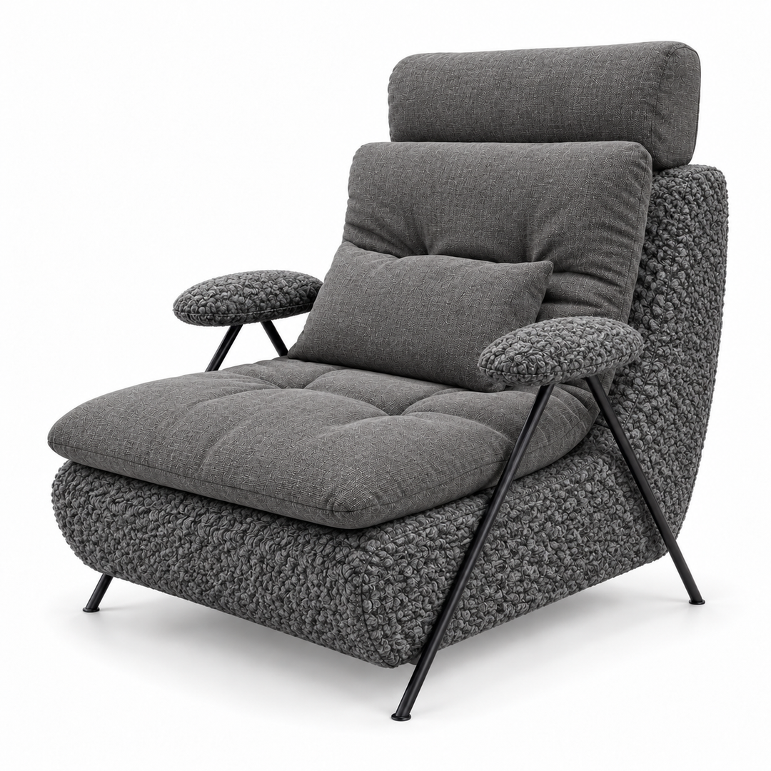 Lucas 32: headrest, backrest, seat and lumbar cushion Lins 12 Grey; body and arm pads Mello 10 Grey. Upholstery visualisation.