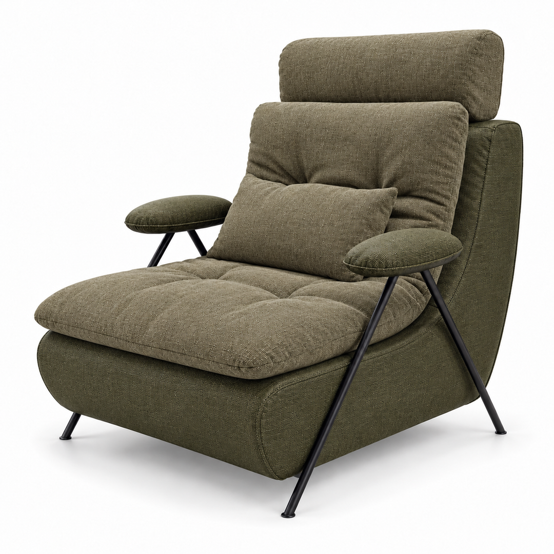 Lucas 33: headrest, backrest, seat and lumbar cushion Lins 74 Olive; body and arm pads Heroy 77 Olive Green. Upholstery visualisation.