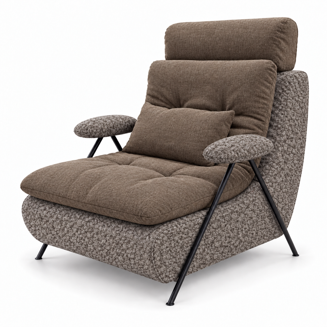 Lucas 34: headrest, backrest, seat and lumbar cushion Lins 38 Earth Brown; body and arm pads Mello 34 Taupe Brown. Upholstery visualisation.