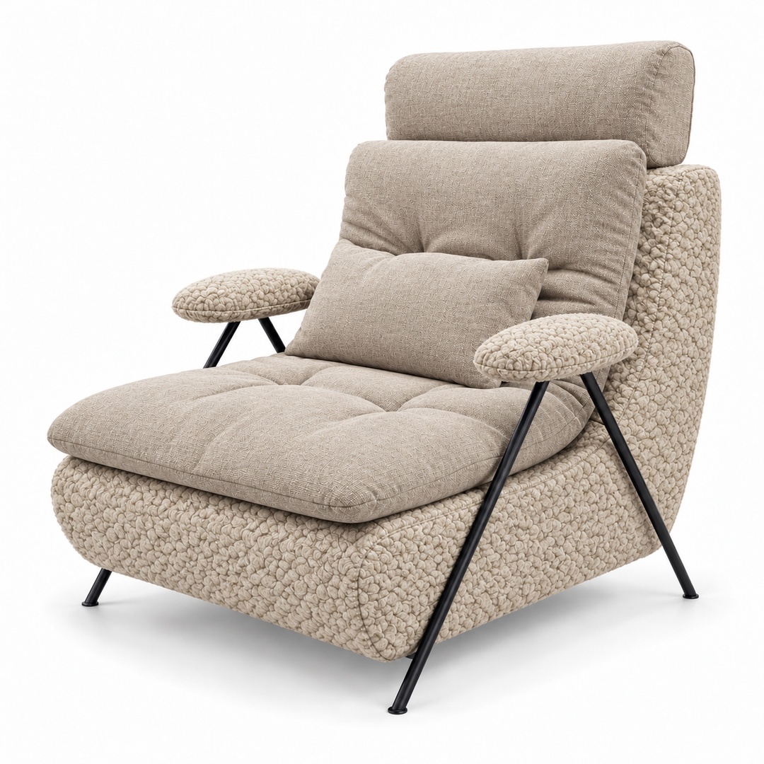 Lucas 35: headrest, backrest, seat and lumbar cushion Lins 25 Natural Beige; body and arm pads Mello 28 Creamy Beige. Upholstery visualisation.