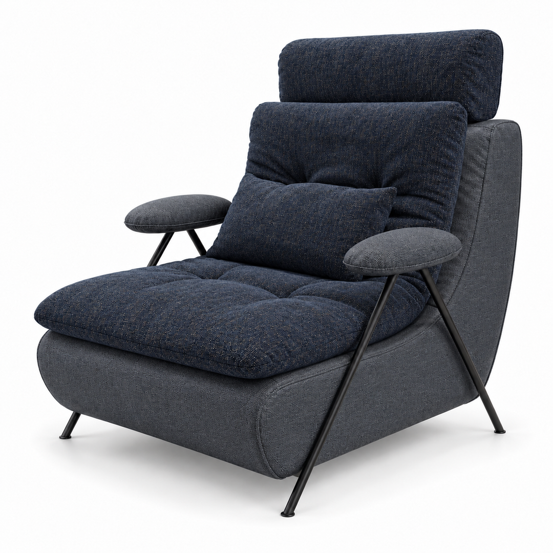 Lucas 36: headrest, backrest, seat and lumbar cushion Lins 88 Indigo Navy; body and arm pads Heroy 86 Smoky Navy. Upholstery visualisation.