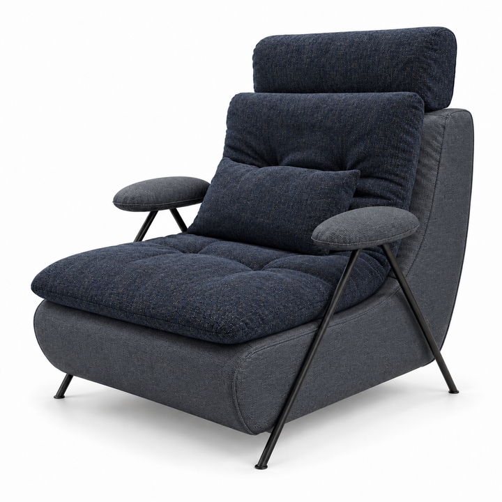 Lucas 36: headrest, backrest, seat and lumbar cushion Lins 88 Indigo Navy; body and arm pads Heroy 86 Smoky Navy. Upholstery visualisation.