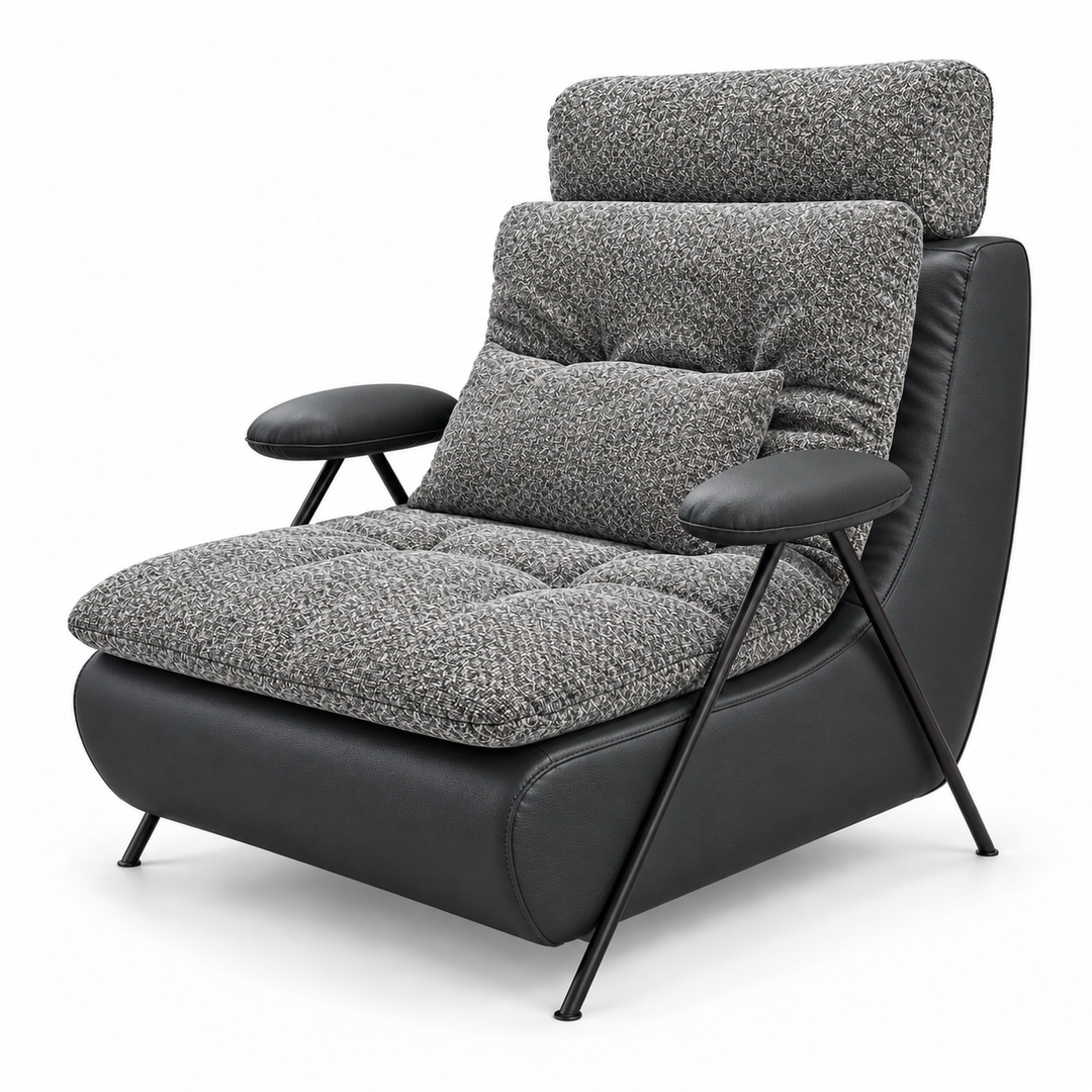 Lucas 38: headrest, backrest, seat and lumbar cushion Mora 14 Grey; body and arm pads PU 01 Charcoal Black. Upholstery visualisation.