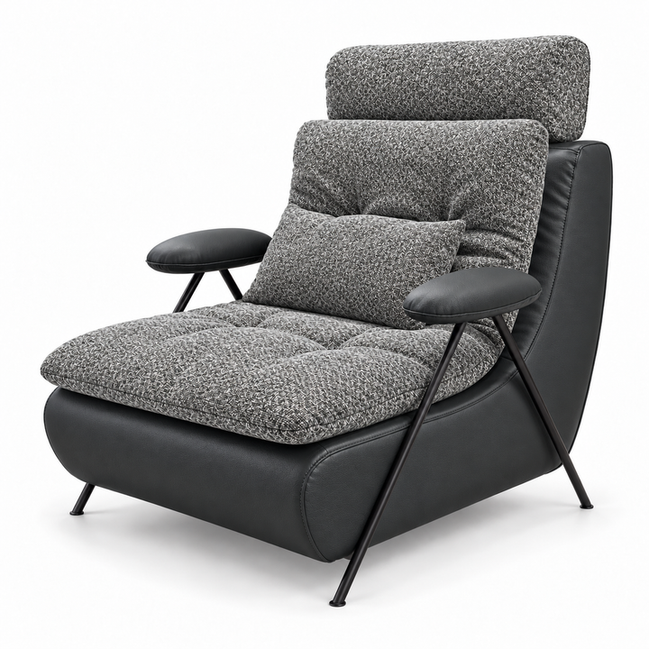 Lucas 38: headrest, backrest, seat and lumbar cushion Mora 14 Grey; body and arm pads PU 01 Charcoal Black. Upholstery visualisation.