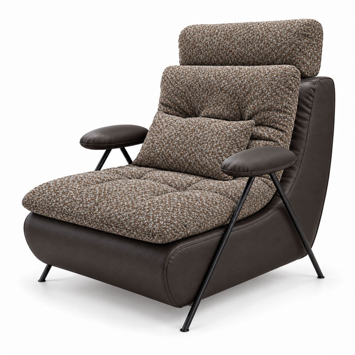 Lucas 39: headrest, backrest, seat and lumbar cushion Mora 38 Warm Brown; body and arm pads PU 02 Espresso Brown. Upholstery visualisation.