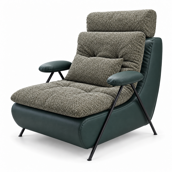 Lucas 40: headrest, backrest, seat and lumbar cushion Mora 77 Olive Green; body and arm pads PU 03 Deep Forest. Upholstery visualisation.