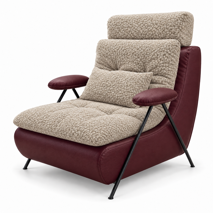 Lucas 41: headrest, backrest, seat and lumbar cushion Mello 28 Creamy Beige; body and arm pads PU 04 Burgundy. Upholstery visualisation.