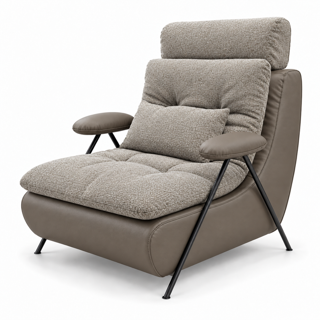 Lucas 42: headrest, backrest, seat and lumbar cushion Mora 24 Light Greige; body and arm pads PU 05 Taupe Brown. Upholstery visualisation.