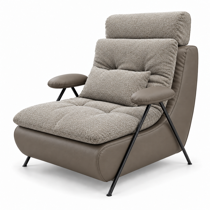 Lucas 42: headrest, backrest, seat and lumbar cushion Mora 24 Light Greige; body and arm pads PU 05 Taupe Brown. Upholstery visualisation.